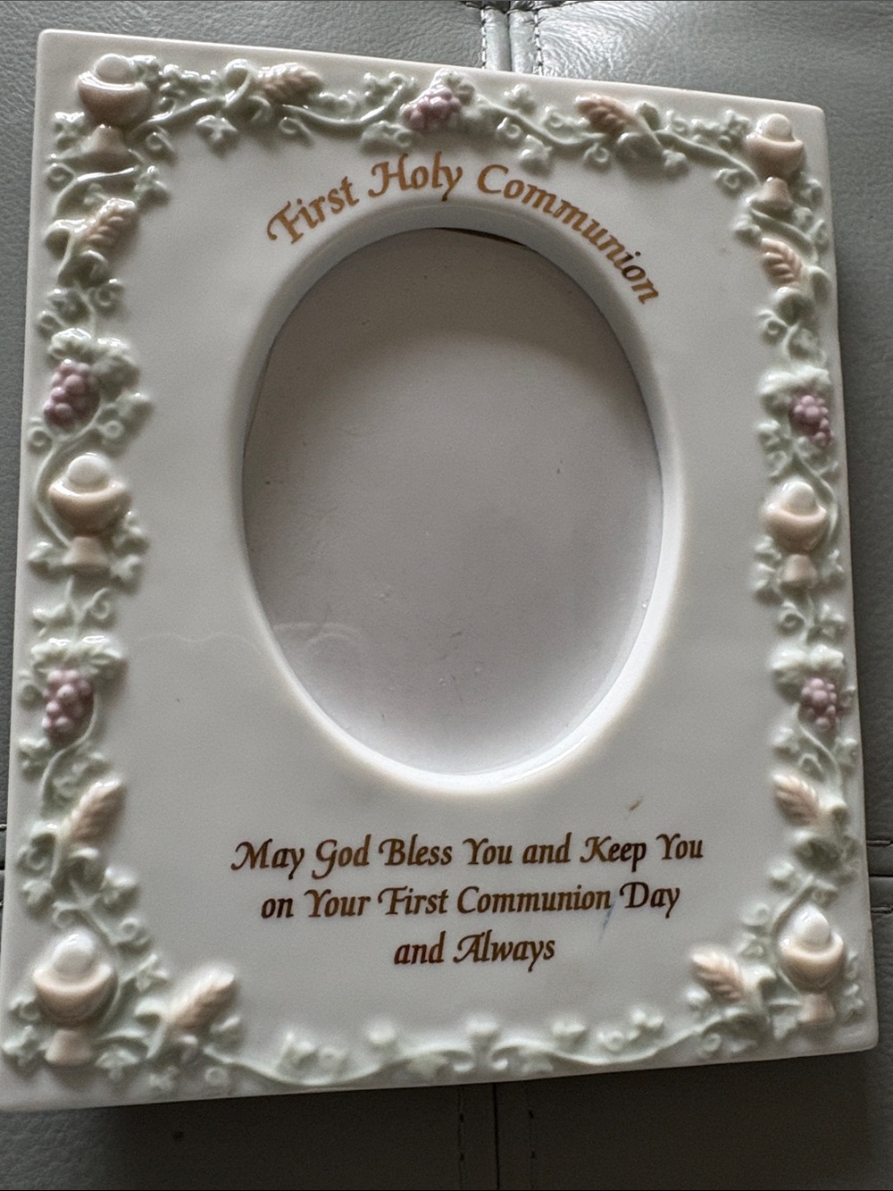 First Holy Communion Ceramic Photo Frame in White with Pastel Accents
